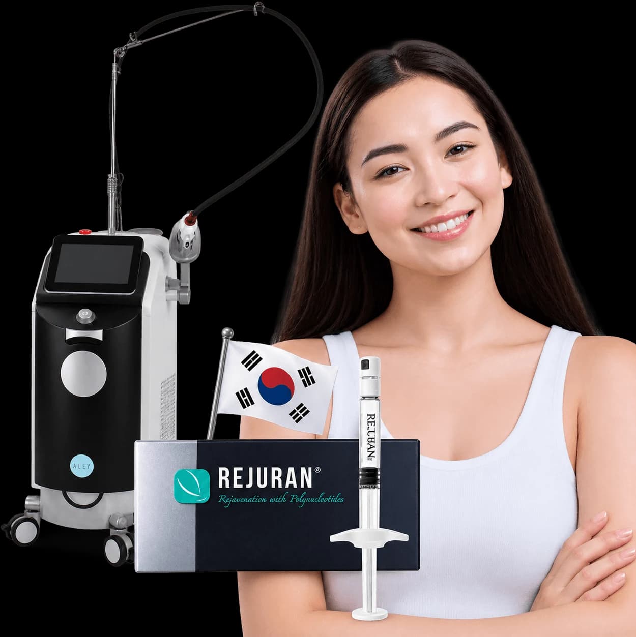 A clinic laser system alongside a Rejuran polynucleotide box and syringe, with a South Korean flag and a smiling model.